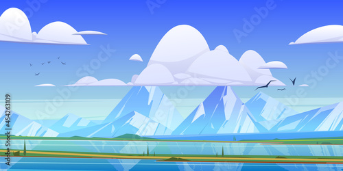 Mountain valley with green field and river. Vector cartoon illustration of summer landscape with blue water of lake, grass, road and rocks and peaks with snow on horizon