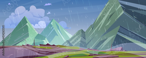 Mountain landscape with rain. Vector cartoon illustration of high rocks and peaks with cliffs, ledge and dangerous gaps at rainy weather with wind and falling water drops