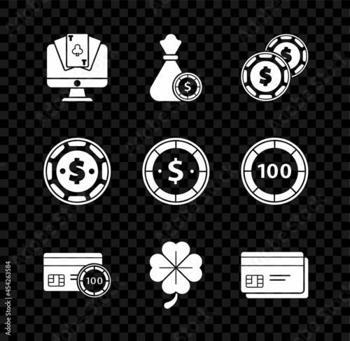 Set Online poker table game, Money bag and casino chips, Casino with dollar, Credit card, Four leaf clover, and icon. Vector