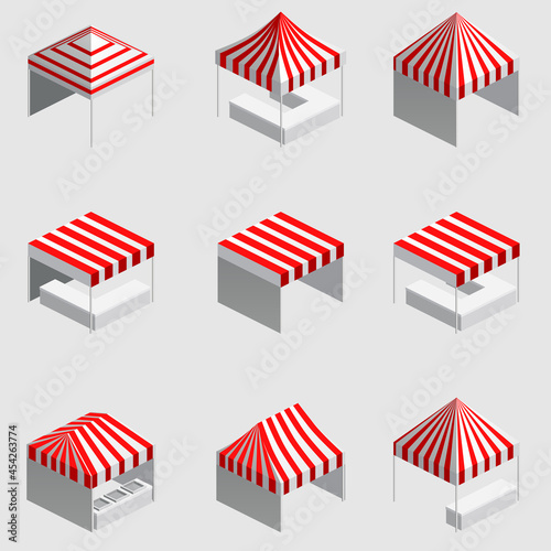Set Isometric market stall, tent. Street awning canopy kiosk, counter, white red strings for fair, street food, market, grocery goods. Vector isolated