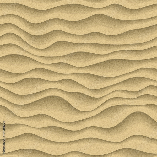 Beach sand waves background in top view. Sandy dunes pattern. Desert surface terrain, seamless texture. View from above. Illustration.
