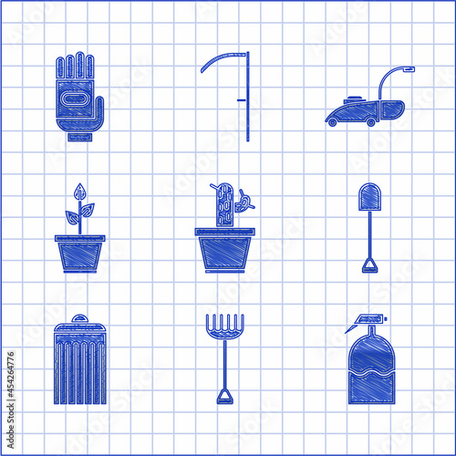 Set Cactus and succulent in pot, Garden rake, sprayer, Shovel, Trash can, Plant, Lawn mower and gloves icon. Vector