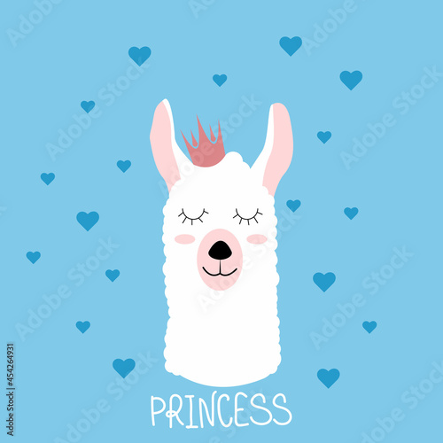 Hand drawing vector illustration with llama in crown for poster, invitation, print for kids t-shirt, baby wear. Lama on blue background with white hearts. Eps 10
