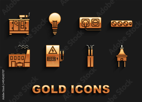 Set Electrical panel, extension cord, plug, cable, Coal power plant and factory, outlet, Diesel generator and Light bulb with concept of idea icon. Vector