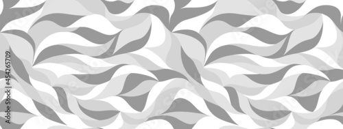 Curly waves tracery, white and gray curved lines, stylized abstract petals camouflage pattern. Leaflets camo texture wallpapers for printing on paper or fabric. Vector seamless background