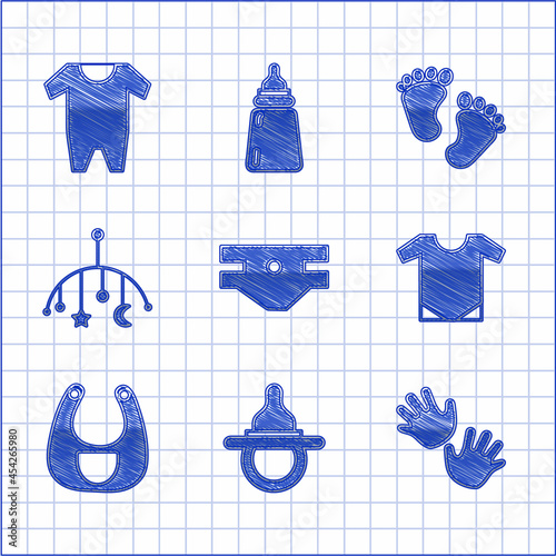 Set Baby absorbent diaper, dummy pacifier, hands print, onesie, bib, crib hanging toys, footprints and clothes icon. Vector
