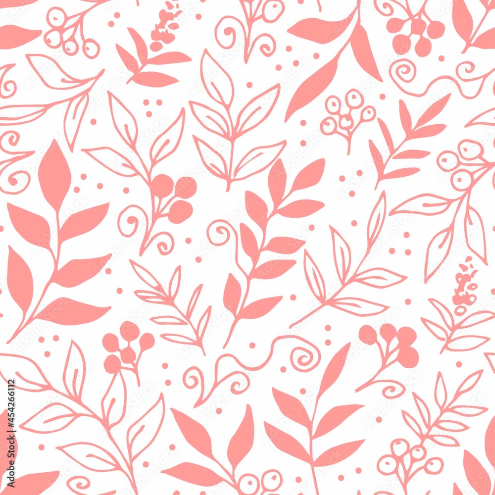 Delicate calm floral vector seamless pattern. Pink contour of flowers, twigs, rowan berries, leaves on a white background. For printing on fabrics, textiles, packaging, clothing.