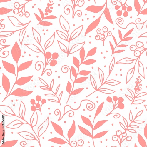 Delicate calm floral vector seamless pattern. Pink contour of flowers  twigs  rowan berries  leaves on a white background. For printing on fabrics  textiles  packaging  clothing.