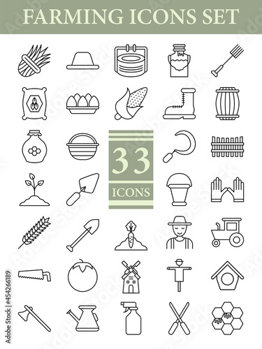 Black Line Art Set Of Farming Icon In Flat Style.
