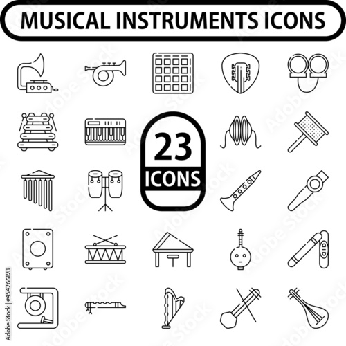 Black Line Art Set Of Musical Instruments Icon In Flat Style.