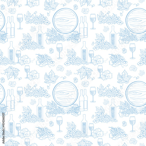 white seamless pattern with grapes and wine bottles - vector blue silhouettes on background