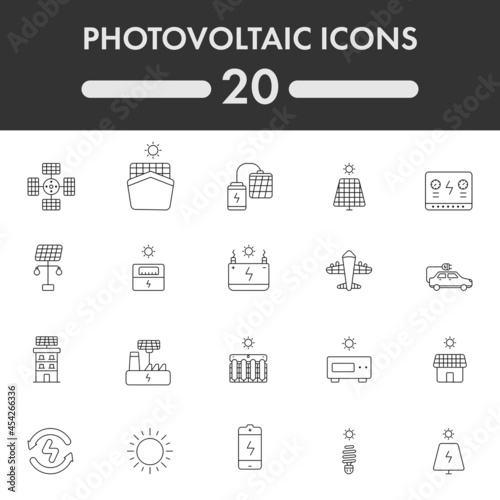 Black Outline Photovoltaic Icon Set In Flat Style.