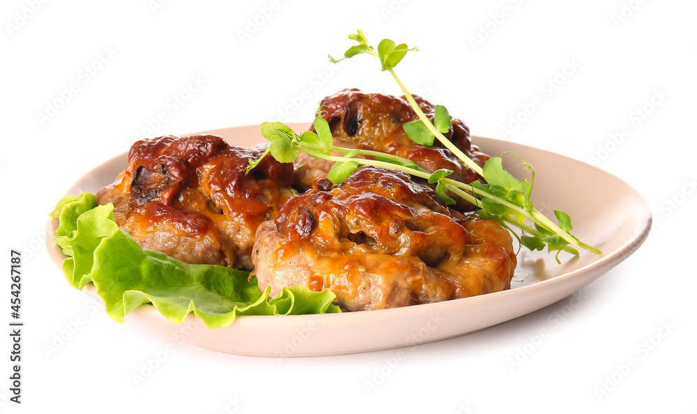 Plate with delicious minced meat boats on white background