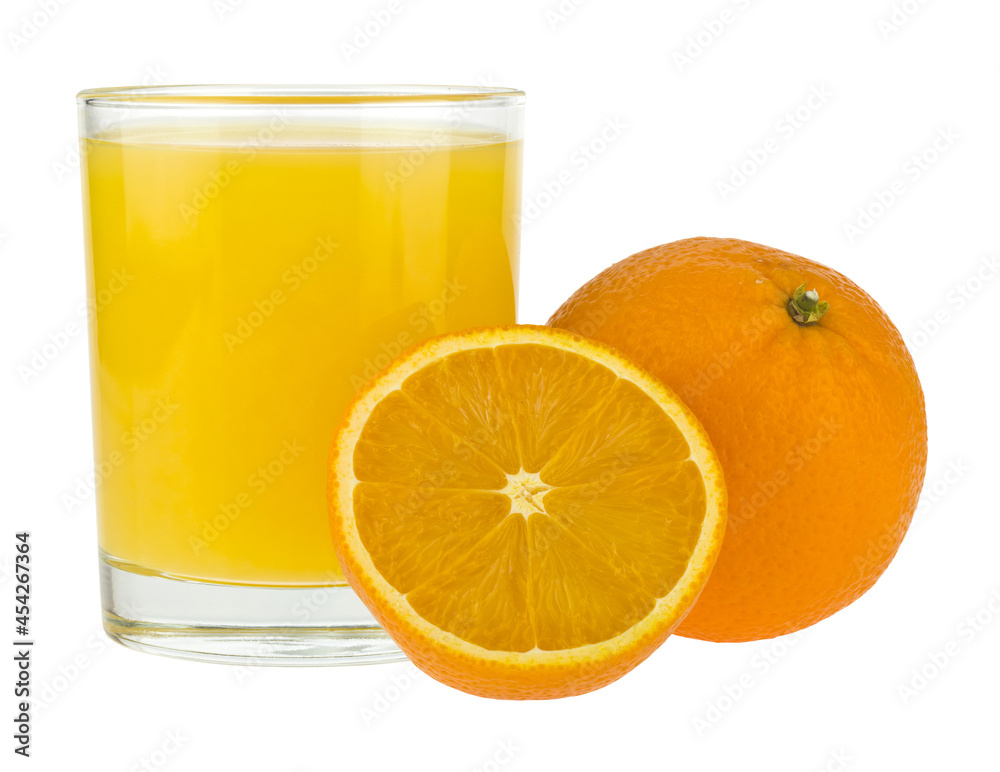 A glass of orange juice with oranges isolated on a white background. A glass of orange juice with oranges isolated on a white background.