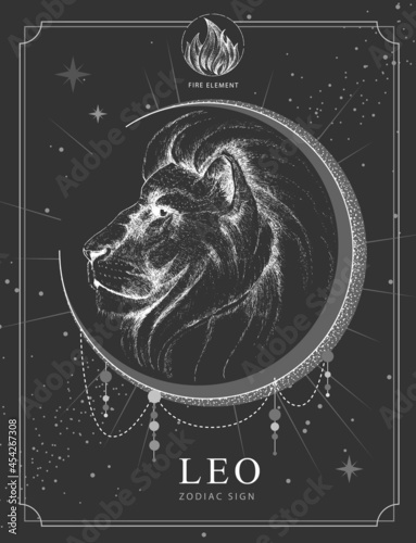 Modern magic witchcraft card with astrology Leo zodiac sign. Realistic hand drawing lion head