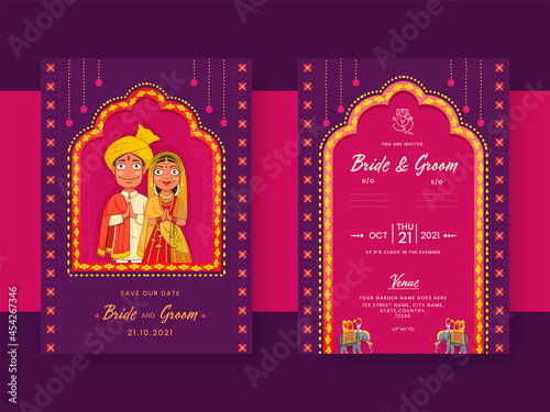 Indian Wedding Invitation Card With Hindu Bridegroom Character In Purple And Pink Color.