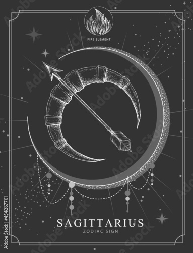 Modern magic witchcraft card with astrology Sagittarius zodiac sign. Realistic hand drawing Bow and arrow illustration