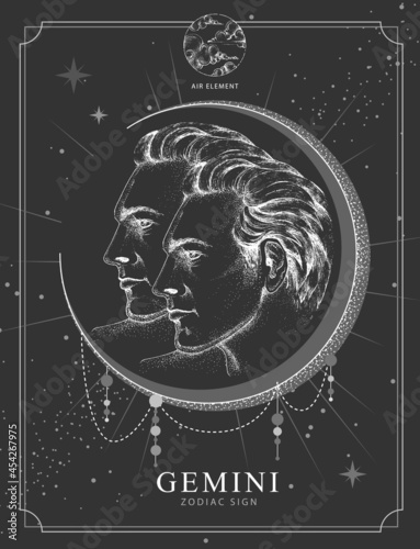 Modern magic witchcraft card with astrology Gemini zodiac sign. Realistic hand drawing men portraits illustration. Zodiac characteristic