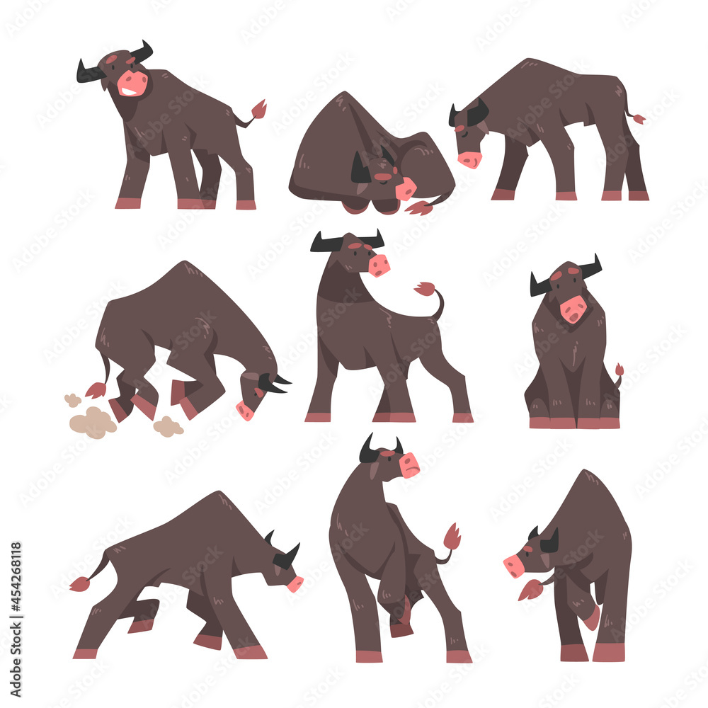 Black Horned Bull with Hoof and Muscular Neck Standing, Sleeping and Attacking Vector Set
