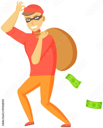 Cartoon thief carrying big money bag. Man walking carefully, bandit carries sack with money. Funny burglar isolated on white. Dangerous criminal insidious cunning thief dressed in dark mask fast