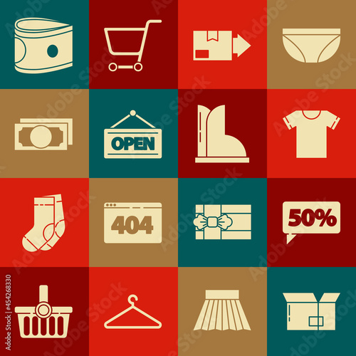 Set Carton cardboard box, Fifty discount percent tag, T-shirt, Hanging sign with Open, Stacks paper money cash, and Waterproof rubber boot icon. Vector