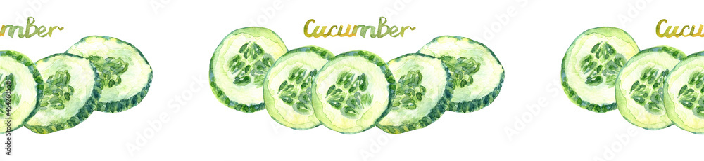 Healthy food day. Watercolor slice cucumber. Cucumber day - Green vegan fresh food. Watercolor illustration hand draw brush