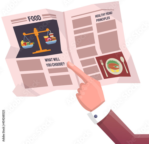 Weekly or daily newspaper sheet with picture and text. Newsprint page with information about dietary or restaurant food. Hand points to paper publication with fresh news. Newspaper about food