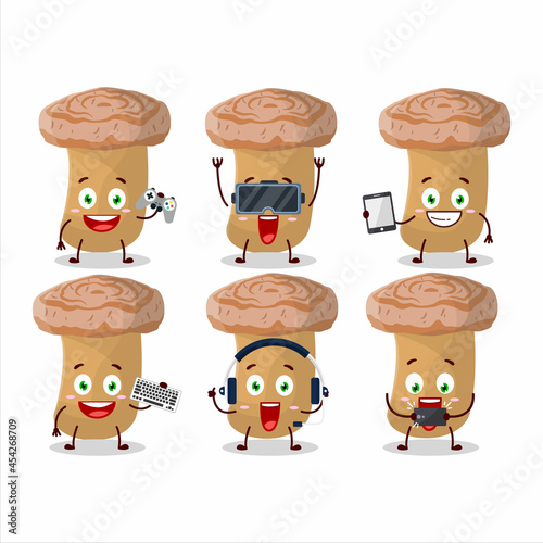 Woolly milkcap cartoon character are playing games with various cute emoticons