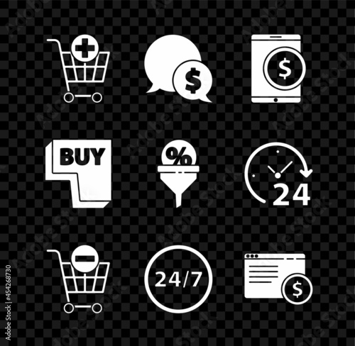 Set Add to Shopping cart, Speech bubble with dollar, Tablet, Remove shopping, Clock 24 hours, Online on screen, Buy button and Lead management icon. Vector