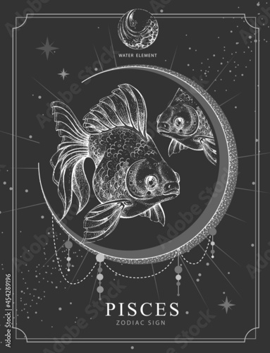 Modern magic witchcraft card with astrology Pisces zodiac sign. Realistic hand drawing koi fish illustration
