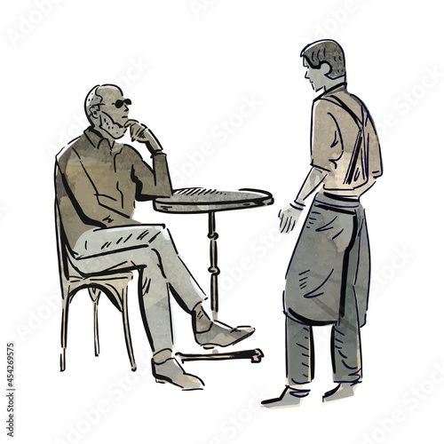 Male visitor and waiter in cafe. Watercolor monochrome sketch. Vector illustration.