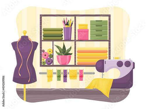 Seamstress workshop. Interior. Vector illustration. Cartoon style.