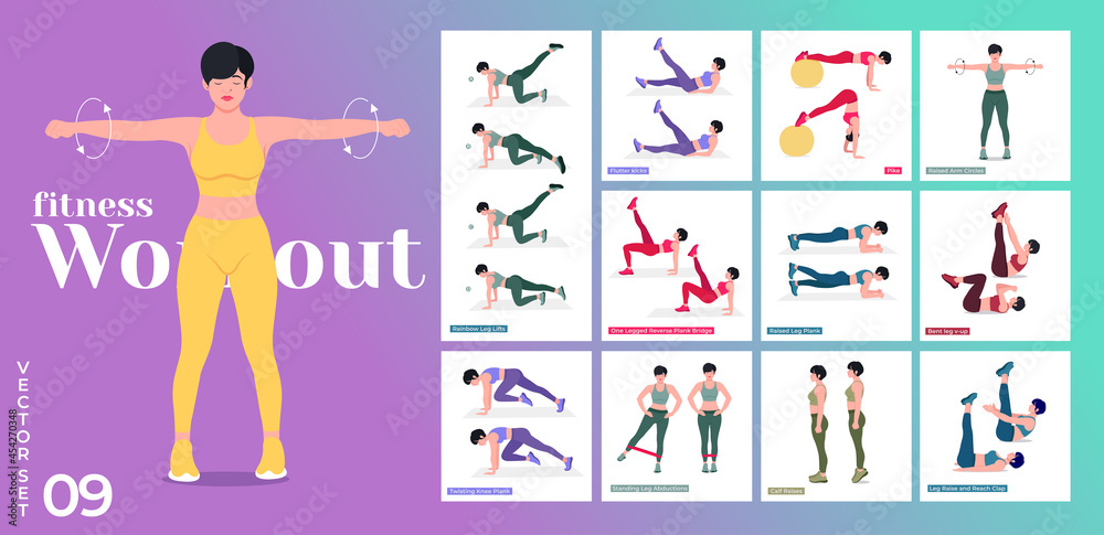 Women Workout Set. Women doing fitness and yoga exercises. 