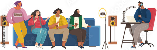 Making live talk show. Radio host interviewing people. Recording podcast with guests at radio station. Broadcasting live, recording interview in studio. Communication with journalists during podcast