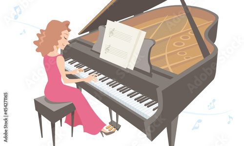 Female piano player performing on isolated white background. Vector illustration in flat cartoon style.