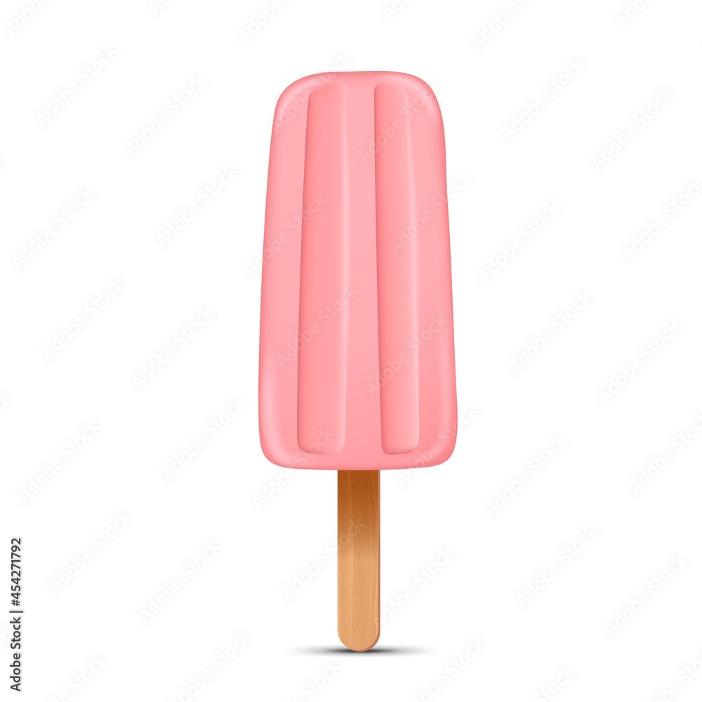 Pink ice cream with popsicle stick. Realistic vector illustration isolated on white background.