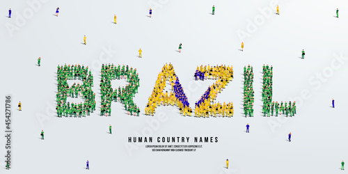 A large group of people stands, making up the word Brazil. Brazil flag made from people crowd. Vector illustration isolated on white background.