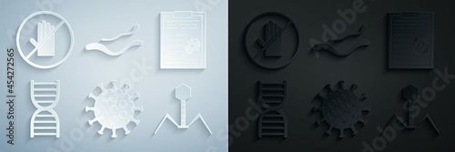 Set Virus, Clipboard with blood test results, DNA symbol, Bacteria bacteriophage, Ebola virus disease and No handshake icon. Vector