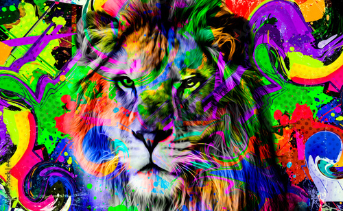 colorful artistic lion muzzle with bright paint splatters on dark background.