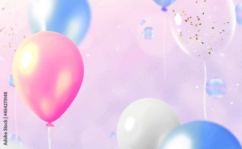 Pink Blue White and transparent balloons on pastel background with translucent rainbow bubbles. Festive background with helium balloons.  Celebrate a birthday, Poster, banner happy anniversary.