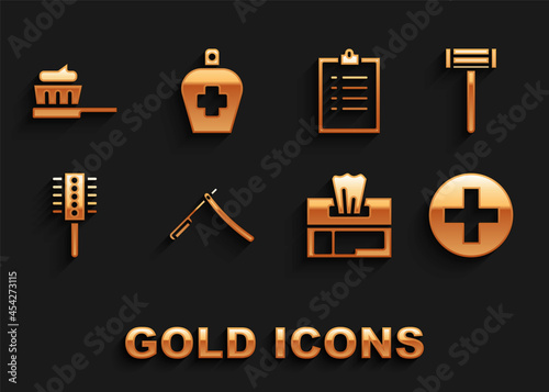 Set Straight razor, Shaving, Cross hospital medical, Wet wipe pack, Hairbrush, Clipboard with checklist, Toothbrush toothpaste and Bottle of liquid antibacterial soap icon. Vector