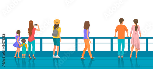 Group of people during walk back view. Characters stand near fence looking into distance. Parents and children spending time outdoors together, looking at something distant, taking pictures