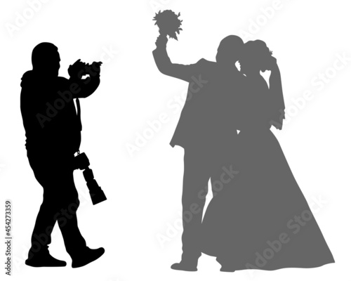 Bride and groom pose for the photographer at the wedding. Isolated silhouettes on white background