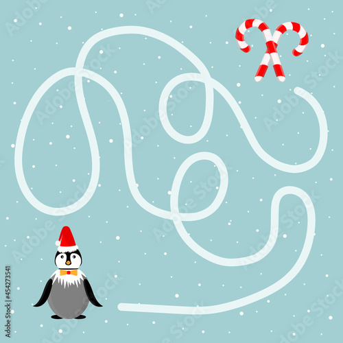 Mini game for children. Penguin and candy cane puzzle road for children. Gameboard design. Christmas maze. Eps 10.