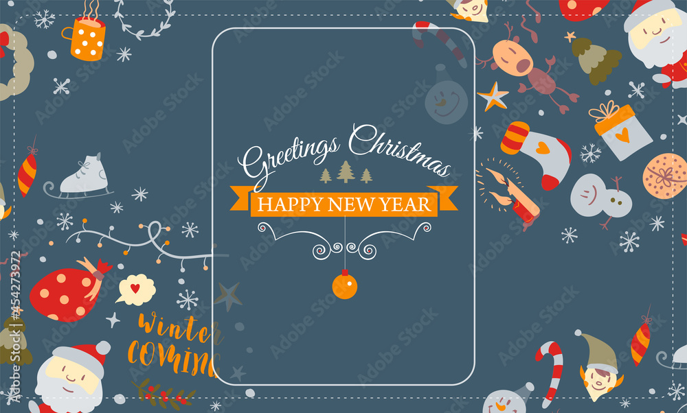 Obraz premium Screen saver with Christmas design elements in doodle style. Christmas card. Vector
