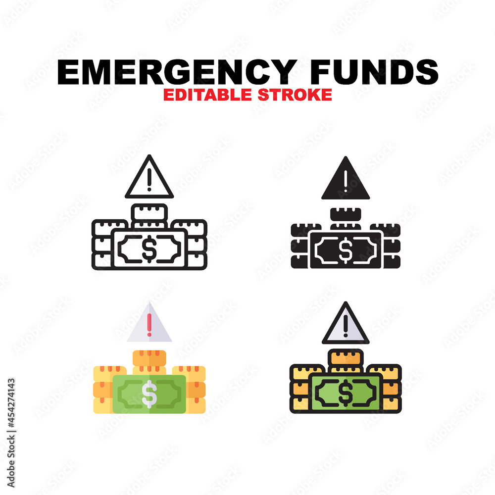 Emergency Funds icon symbol set of outline, solid, flat and filled outline style. Isolated on white background. Editable stroke vector icon.