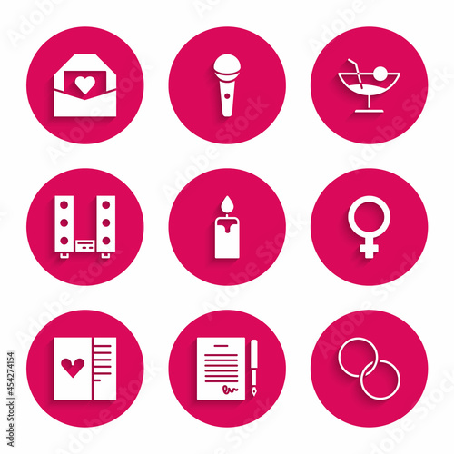 Set Burning candle, Marriage contract, Wedding rings, Female gender symbol, Postcard with heart, Home stereo two speakers, Cocktail and Envelope Valentine icon. Vector