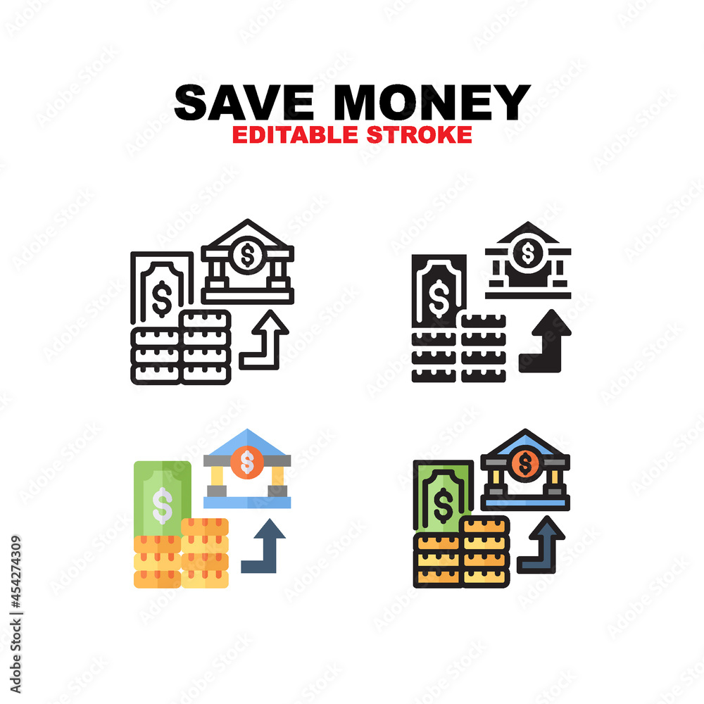 Save Money icon symbol set of outline, solid, flat and filled outline style. Isolated on white background. Editable stroke vector icon. Save Money icon symbol set of outline, solid, flat and filled outline style. Isolated on white background. Editable stroke vector icon.