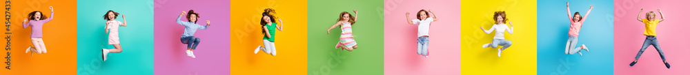 Collage photo of diversity racefriendly little kids boys girls jumping up win shopping discounts isolated over colored background - obrazy, fototapety, plakaty 