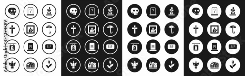 Set Grave with tombstone, Mourning photo frame, Christian cross, Skull, Umbrella, Speech bubble rip death and Signboard icon. Vector